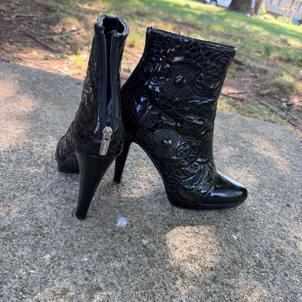 Women's Black Embossed Patent Ankle Booties with High Heel